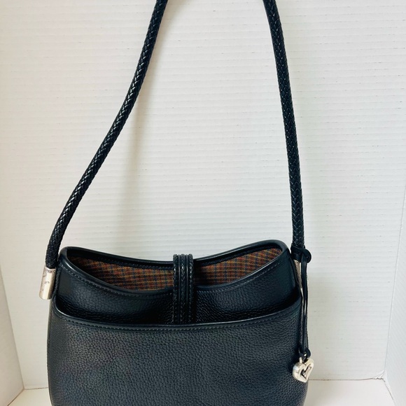 Brighton Ophelia Hobo bucket Pebbled Black Leather Snap Braided long Handle Smal - Picture 2 of 5